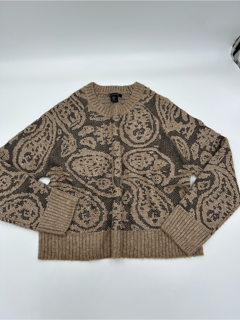 Tahari Brown and Dark Brown Soft Paisley Crewneck Sweater XL